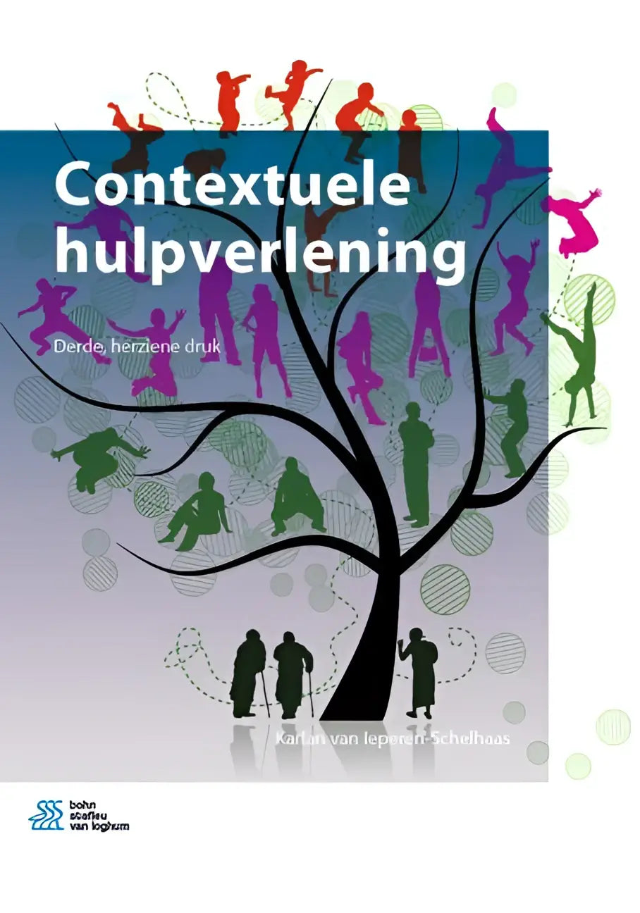 De boekcover van contextuele hulpverlening toont een gestileerde boom met mensen in verschillende activiteiten tegen een blauw-paarse achtergrond van bsl media en sociale pedagogie
