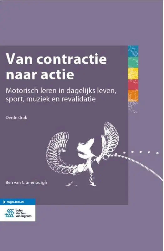 Paars boek van bsl media getiteld van contractie naar actie met witte lijntekening van figuur met skeletarmen en benen
