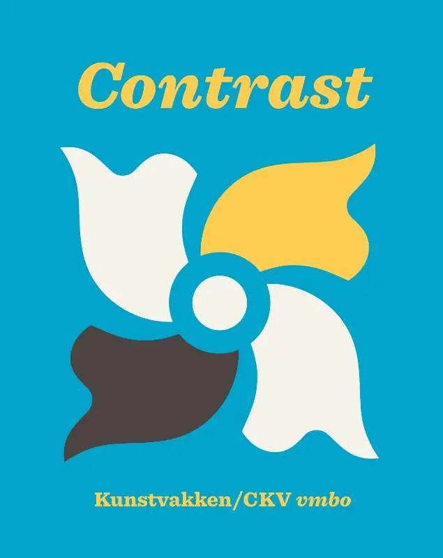 Een gestileerde vierbladige windmolen met witte, gele en donkergrijze bladen op een blauwe achtergrond in contrast