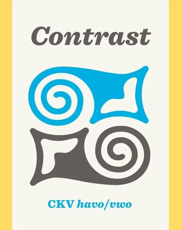 Een minimalistisch grafisch ontwerp met twee gestileerde blauwe en grijze vormen op een witte achtergrond met gele randen