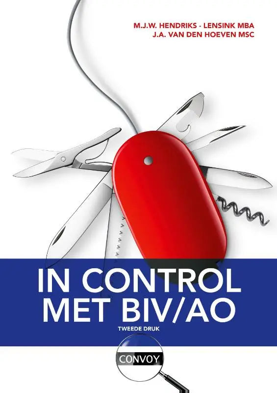 Rode hendriks-lensink multitool met zilveren messen en kurkentrekker in control met BIV/AO van convoy uitgevers