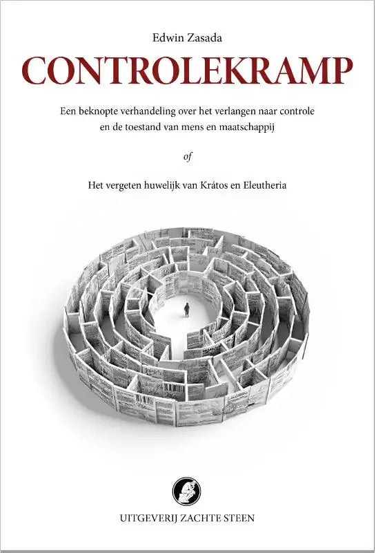 De boekcover van controlekramp toont een monochrome spiraalvormige doolhof met een figuur in het centrum op papier