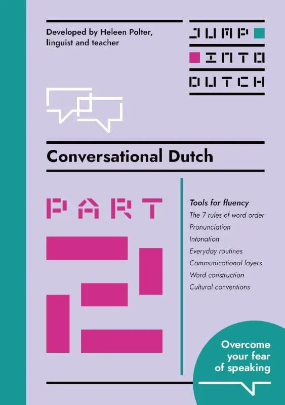 Moderne minimalistische boekcover voor conversational dutch met felle roze en zwarte tekst en teal accenten als tools voor fluency