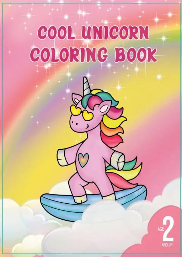Cool unicorn coloring boek met roze unicorn en regenboog manen op blauw surfboard tegen kleurrijke hemel