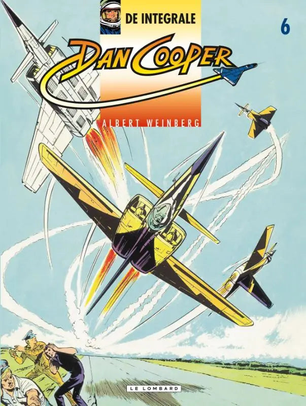 Gele en zwarte straaljager met paarse cockpit in dynamische vlucht tegen lichtblauwe lucht uit dan cooper integraal van albert weinberg strips algemeen