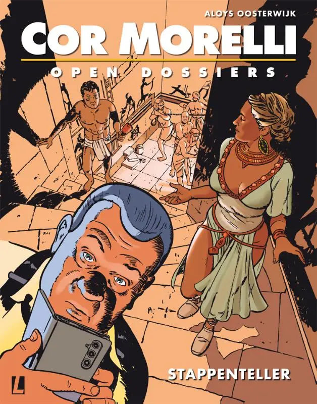 De cover van cor morelli stappenteller met een gestileerde illustratie in warme oranje tinten door aloys oosterwijk