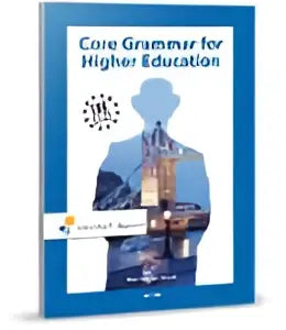 Blauw omslag core grammar for higher education boek met transparante persoon en zonnestraalontwerp voor hoger onderwijs