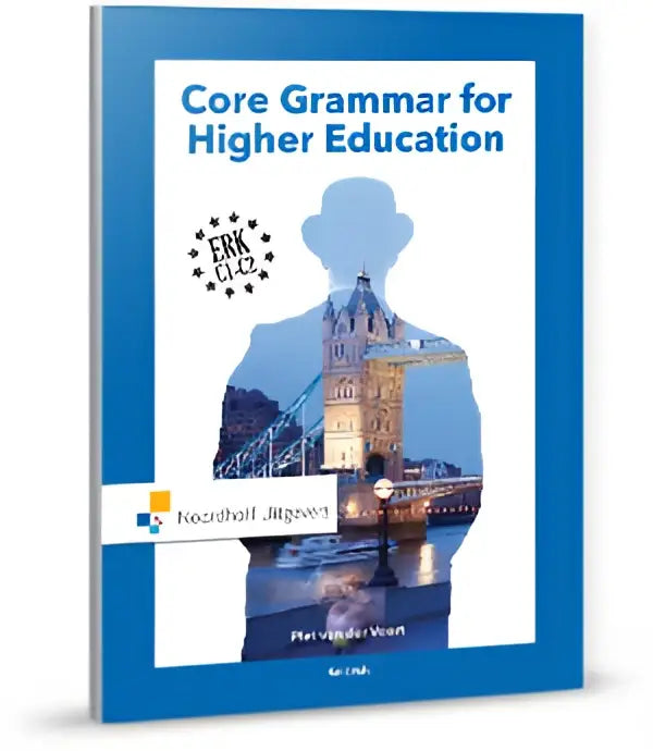 Blauw omslagen core grammar for hoger onderwijs boek met silhouet van tower bridge tegen schemerlucht