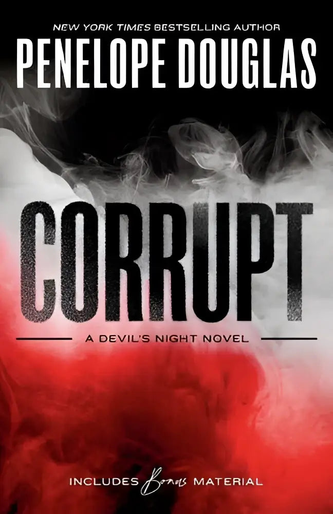 Boekomslag corrupt van penelope douglas met zwart en rood smoky design en gedurfde titel voor een roman