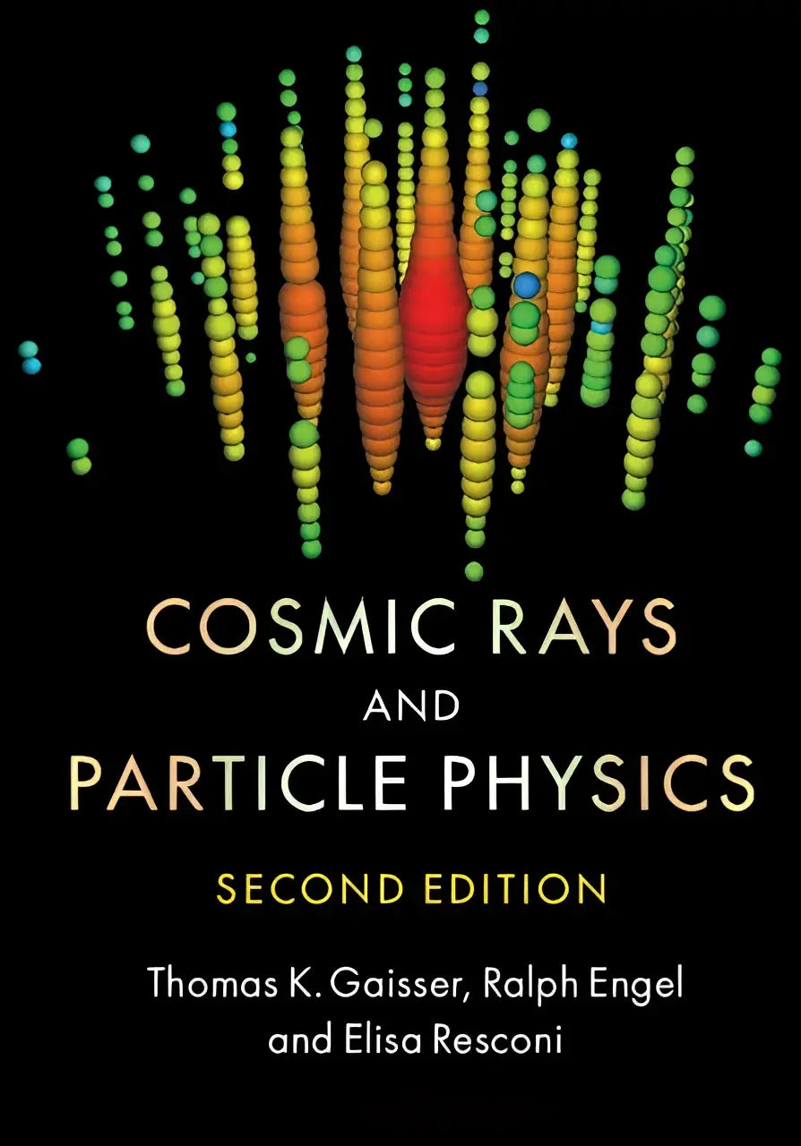 De boekcover van cosmic rays and particle physics toont een levendige abstracte illustratie van deeltjesfysica voor graduate students