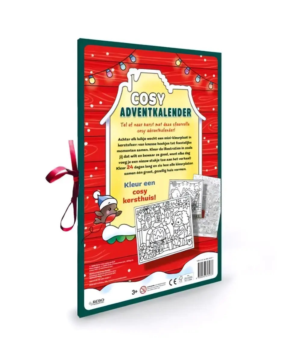 Cosy adventkalender van katie woods met roodgroene houten feestelijke omheining en cartoonvogel met hoed