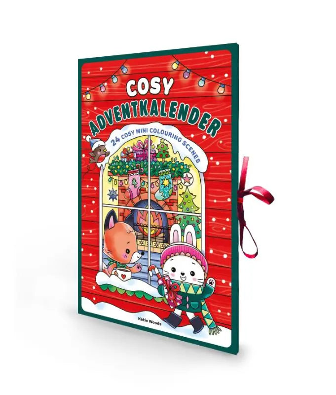 Cosy adventkalender met rode en groene kleuren en cartoon vos en konijn in een gezellige winterscène
