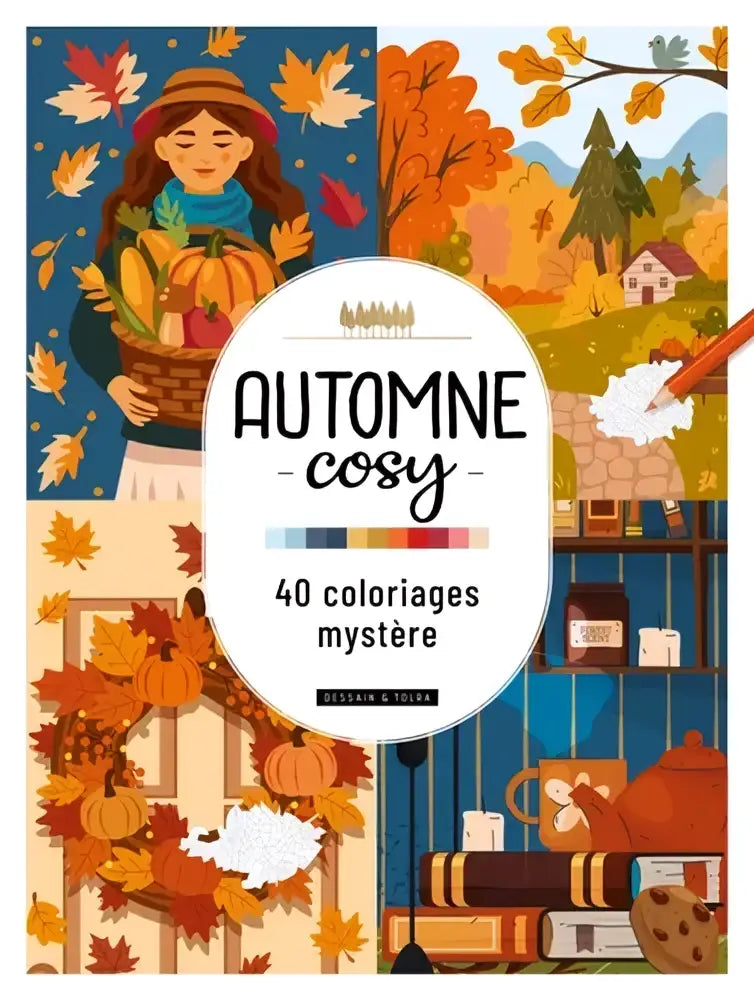 Cosy autumn 40 coloriages mystère herfstkleurboek met levendige oranje, rode en bruine illustraties van pompoenen en bladeren