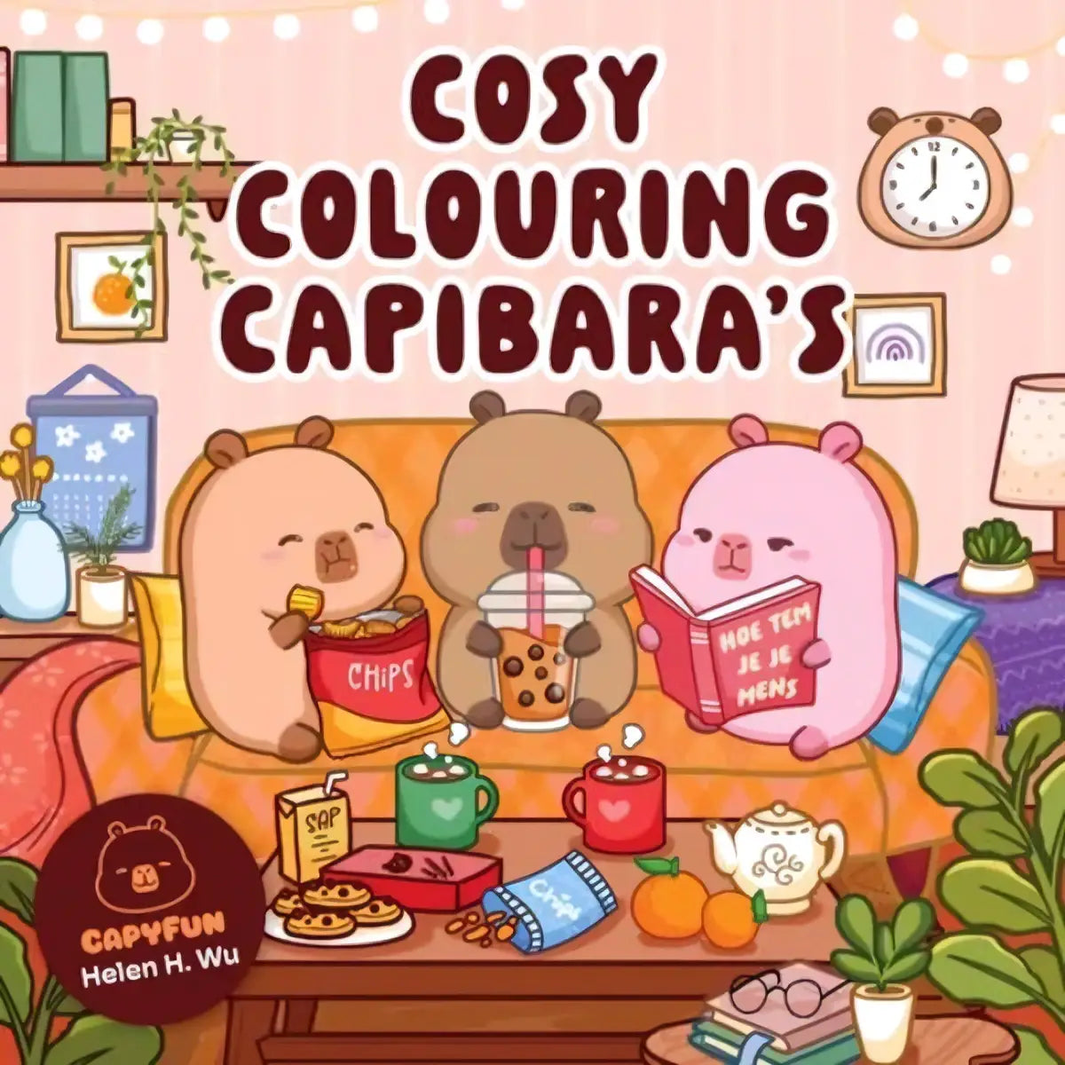 Cozy colouring book cosy colouring capibara’s featuring three adorable capibaras enjoying snacks and drinks on a couch