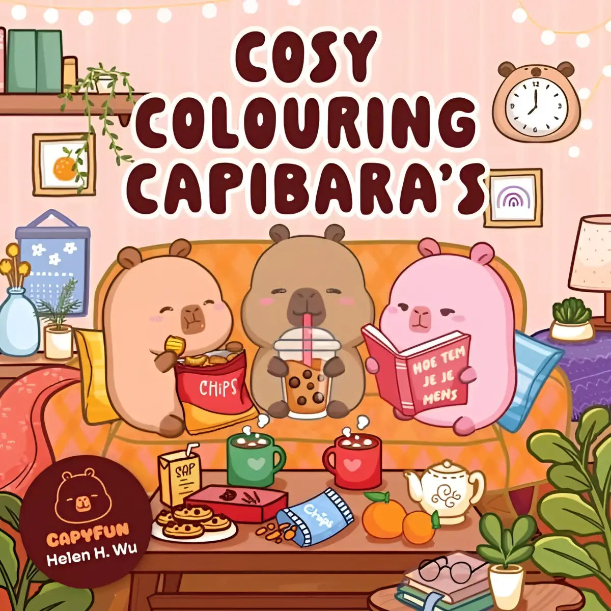 Cosy colouring capibara’s kleurboek toont drie schattige capibara’s die snacks en drankjes op een bankje genieten