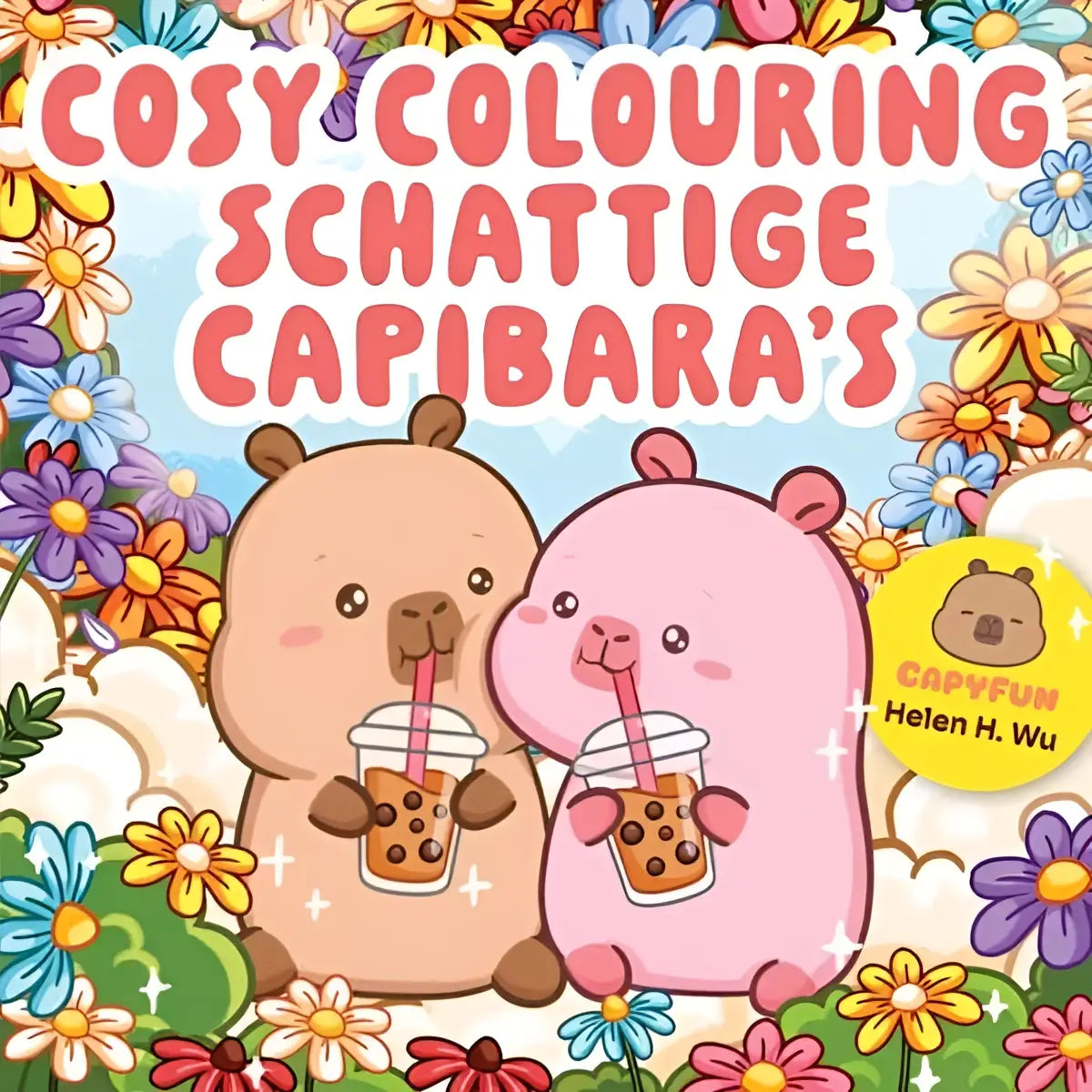 Cozy colouring schattige capibara’s kleurboek met tan en roze cartoon capibara’s die bubble tea vasthouden