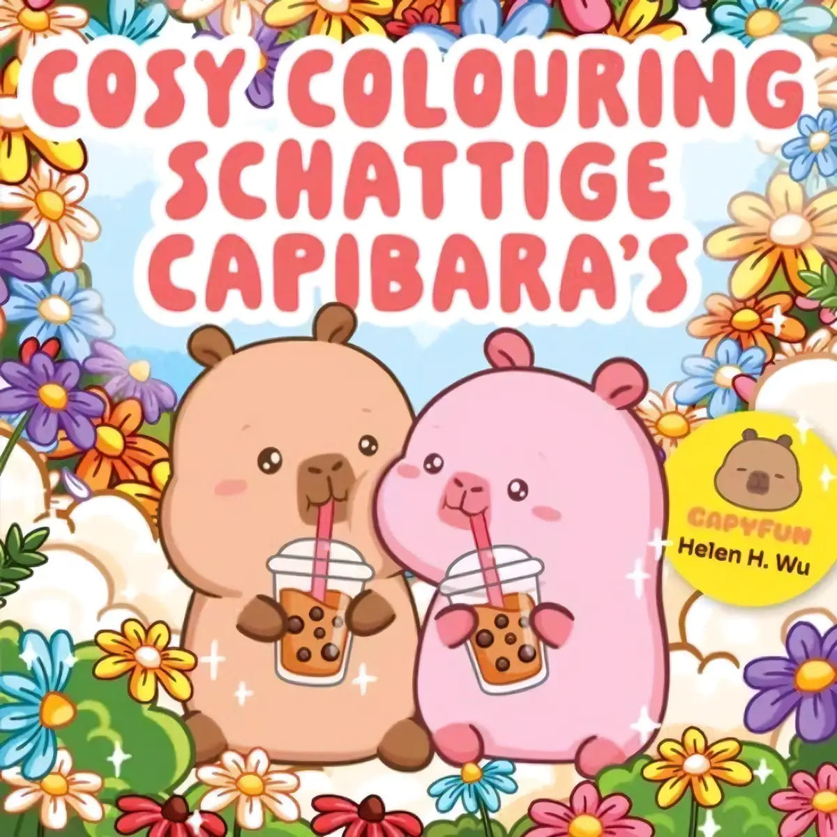 Cosy colouring schattige capibara’s met bruine en roze kleuren die bubble tea vasthouden op een kleurrijke bloemenachtergrond