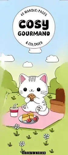 Een witte cartoonkat zit op een roze picknickkleed met een sandwich en drinken voor nederlandstalige kinderen