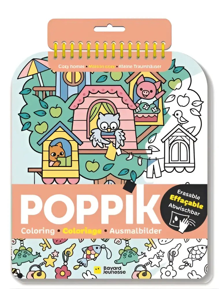 Een kleurrijk spiralen kleurboek poppik met gezellige huisjes en dieren voor cosy huisjes kinderen