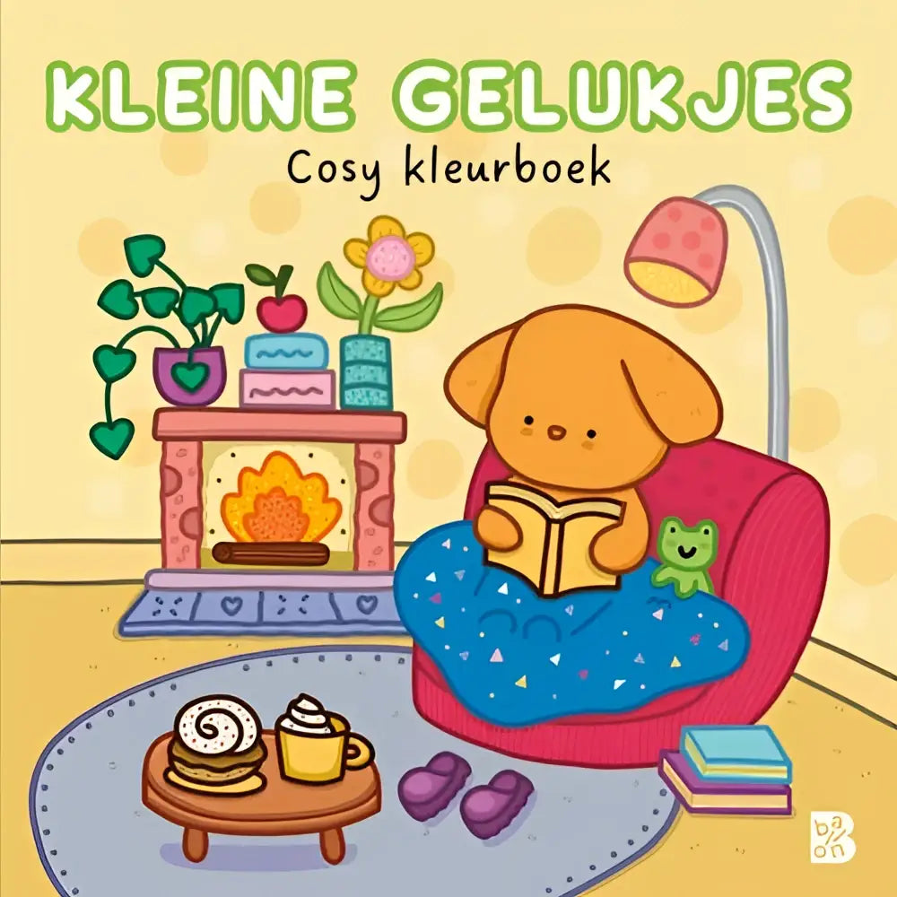 Een gezellige oranje puppy zit in een rode fauteuil gewikkeld in een blauw deken met witte driehoeken in cosy kleurboek kleine gelukjes