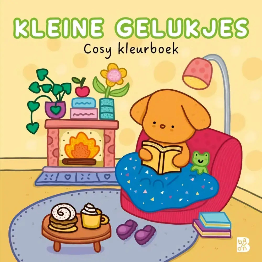 Een cosy kleurboek kleine gelukjes met een oranje puppy in een rode fauteuil en een blauw deken met witte patronen