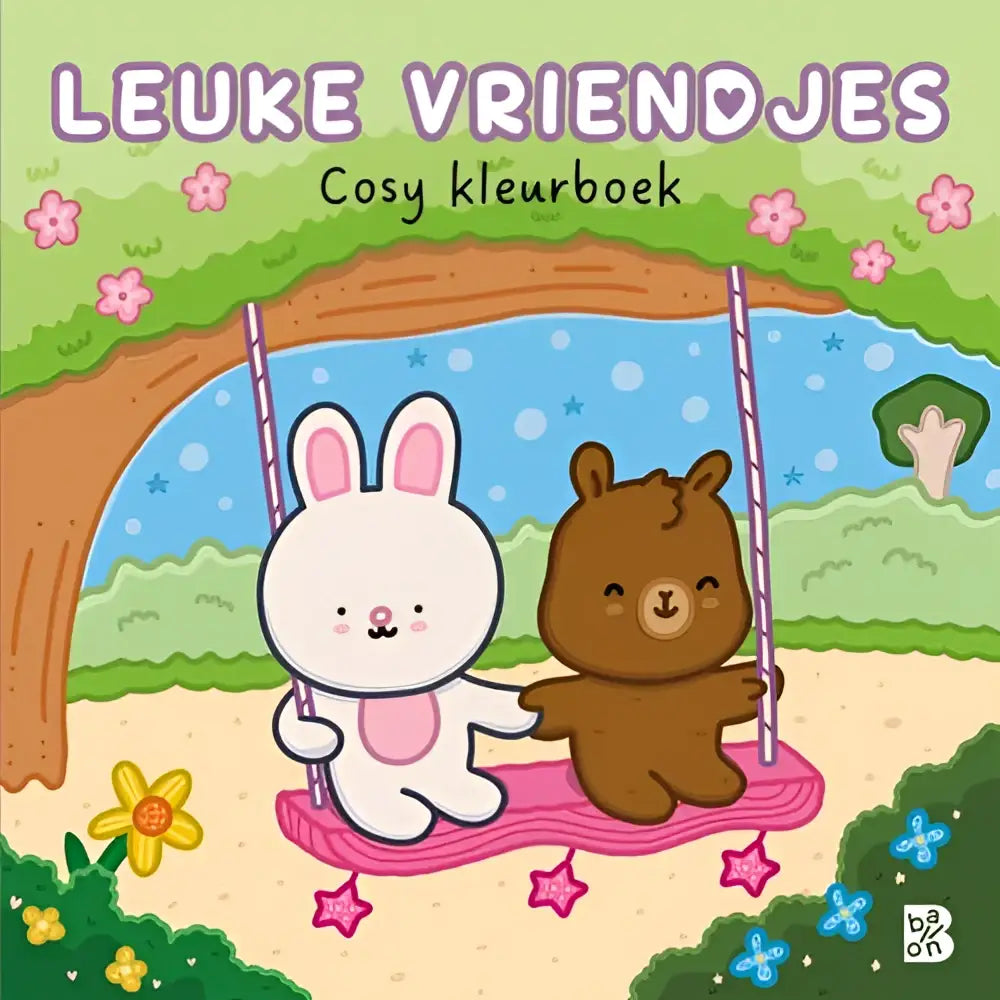 Roze schommel met een witte konijn en bruine beer zittend samen uit het cosy kleurboek leuke vriendjes voor jonge lezers