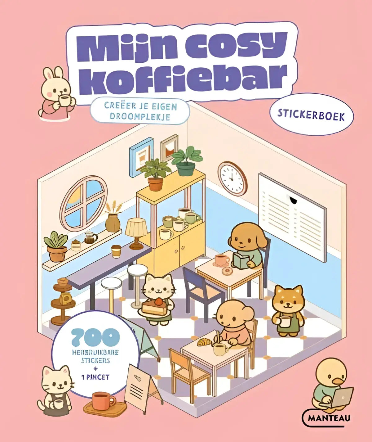 Pink-gekleurde stickerboek met een schattige isometrische illustratie van een dierenthema café met pastelmeubilair in mijn cosy koffiebar