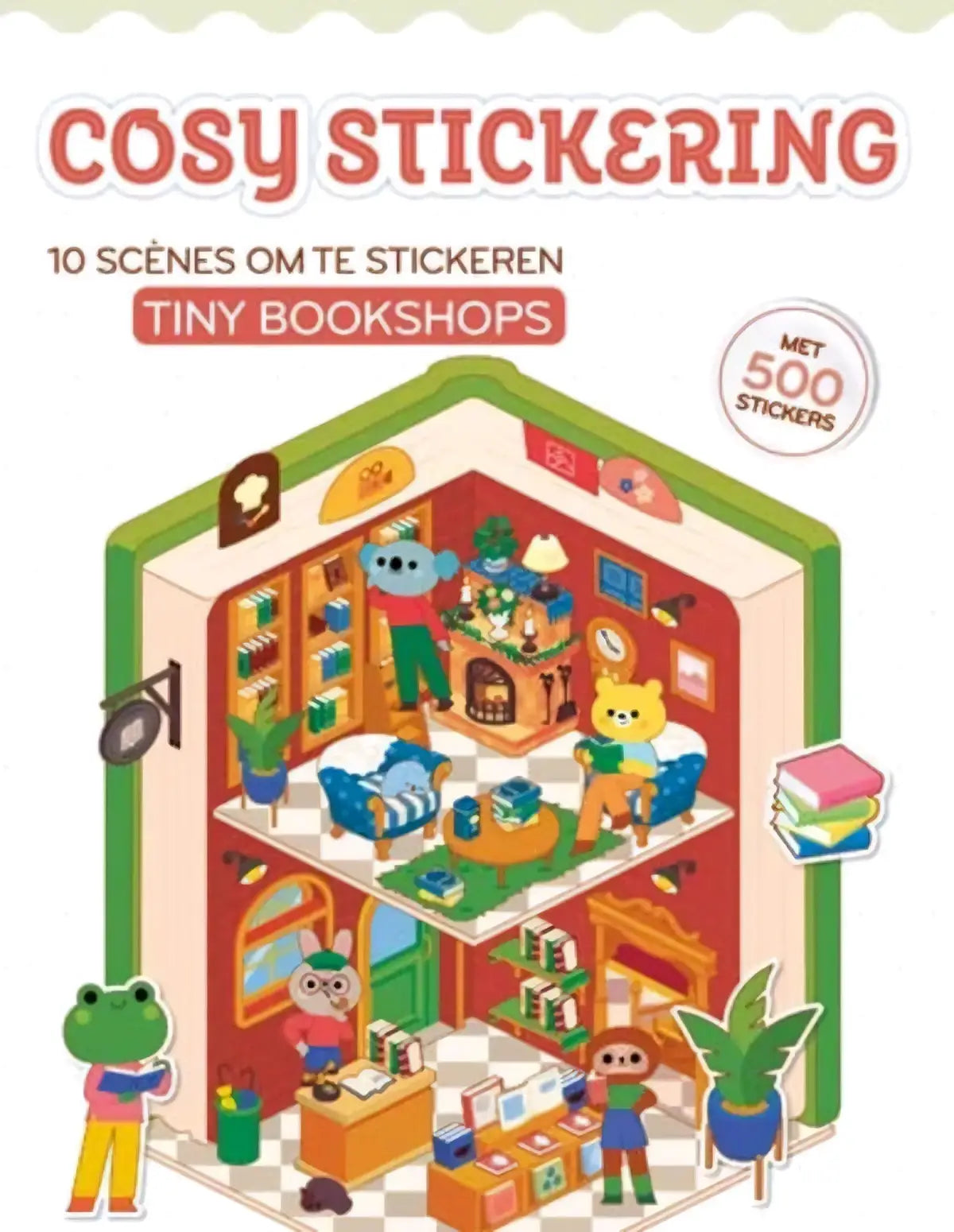 A kleurrijk geïllustreerd stickerboek cosy stickering met een knusse tweeverdiepingen tiny bookshops en dieren