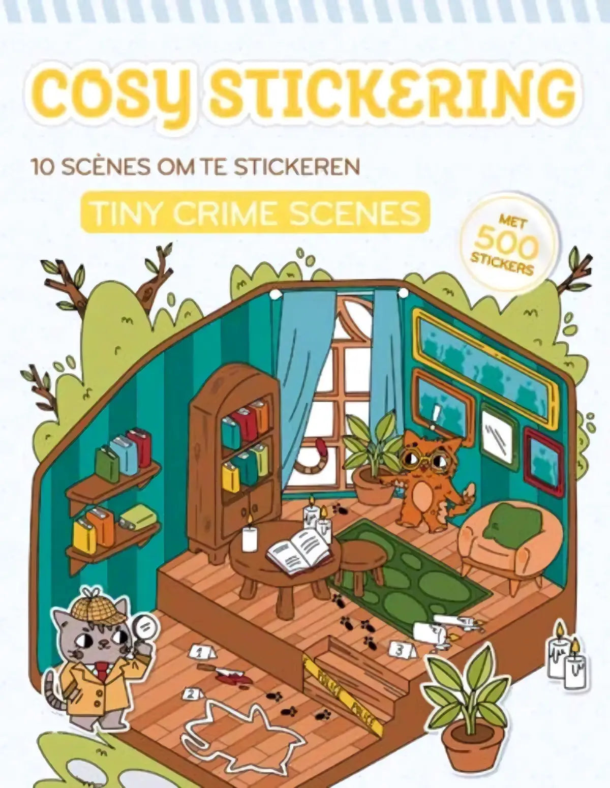 Dit is een kinderen stickerboek cosy stickering met 10 tiny crime scenes en 500 kleurrijke stickers