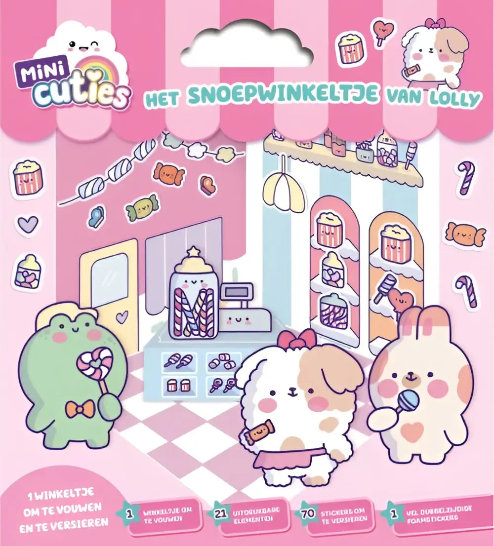 Cosy vouwset met snoepwinkeltje van lolly roze wit gestreepte sticker set met schattige cartoon karakters