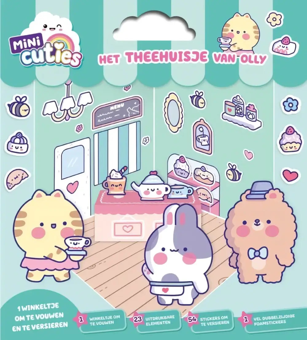 Pastelkleurige stickerpagina met schattige cartoondieren in een theehuisomgeving van cosy vouwset het theehuisje van olly