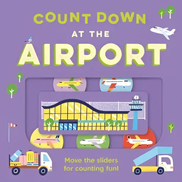 Paars kinderboek count down at the airport met geïllustreerde luchthaven en schuifpuzzelelementen