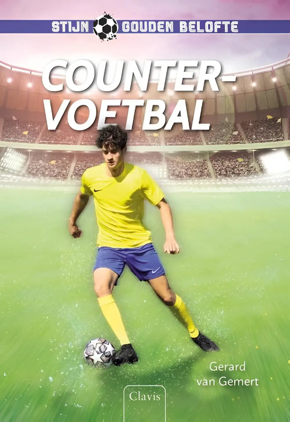 Vibrerend gele voetbalshirt met zwarte nike swoosh gedragen door stijn gouden belofte tijdens wedstrijd countervoetbal