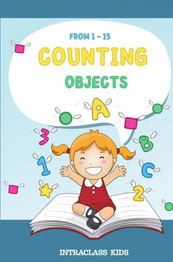 A cheerful girl with orange pigtails sits on an open book with colorful flying numbers for counting with jonge lezers