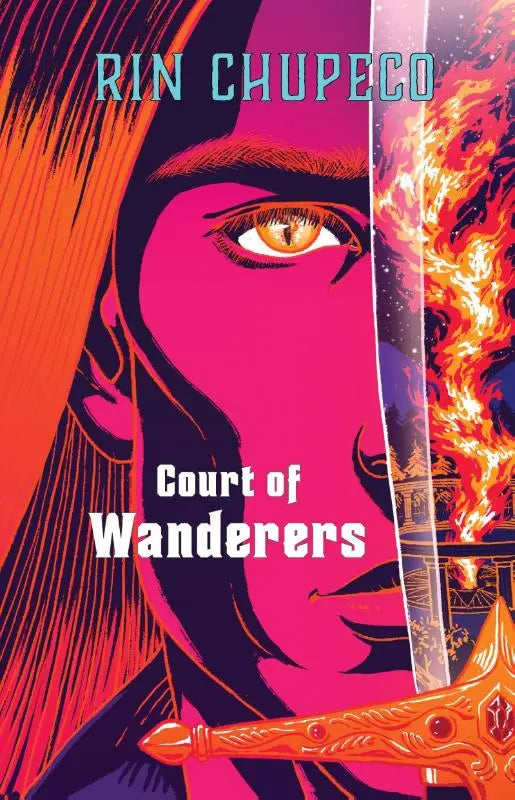 Vibrant pink and orange illustrated book cover of court of wanderers silver under nightfall featuring stylized face and sword