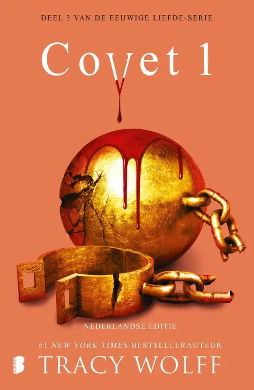 Een gouden gebarsten bal met rood vloeistof die van het oppervlak druppelt en zware kettingen, covet 1 eeuwige liefde