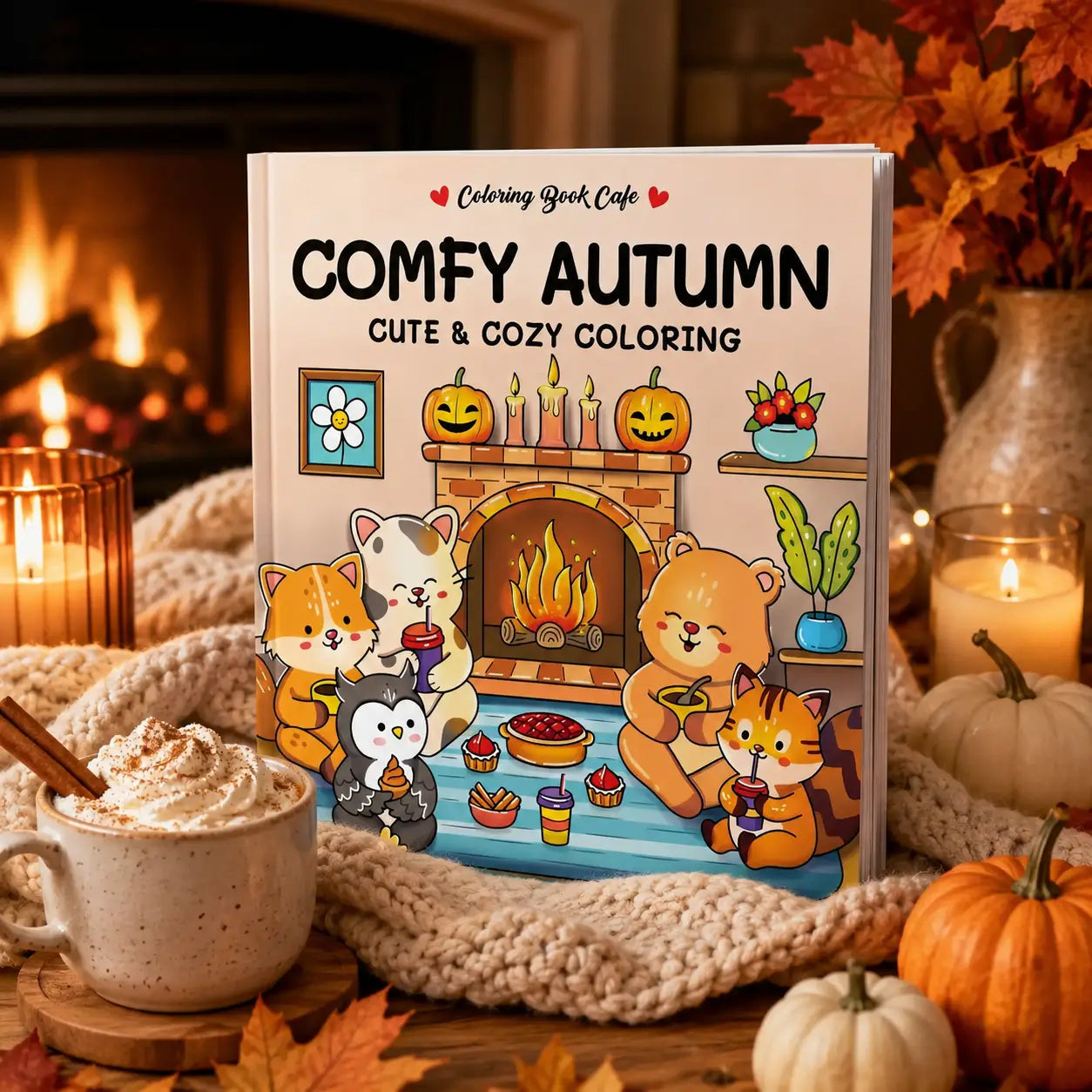 Cozy autumn kleurboek met schattige kawaii dieren rond haardvuur en herfstillustraties voor ontspannen kleuren