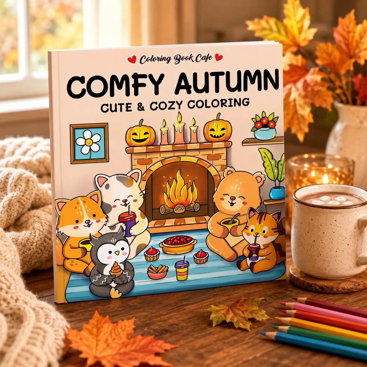 Cozy autumn kleurboek met een cremecover en kawaii dieren rond de open haard met pompoenen en kaarsen
