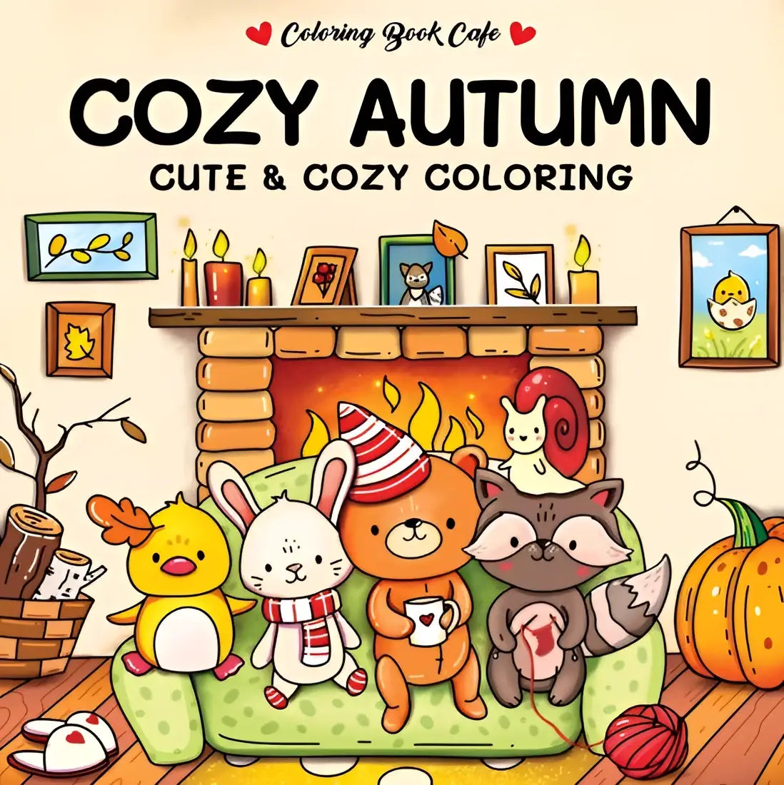 Cozy autumn kleurboek met schattige cartoon dieren rond een open haard op de voorzijde van het cozy colouring boek