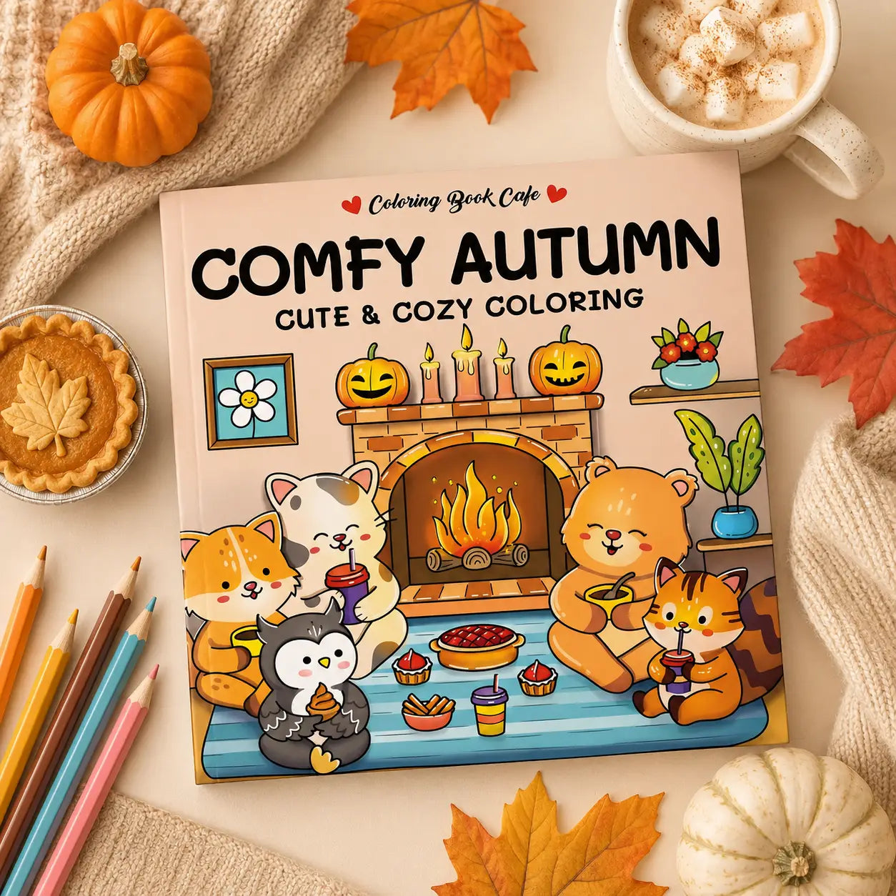 Een zacht beige cozy autumn kleurboek met kawaii dieren rond de open haard en herfstillustraties