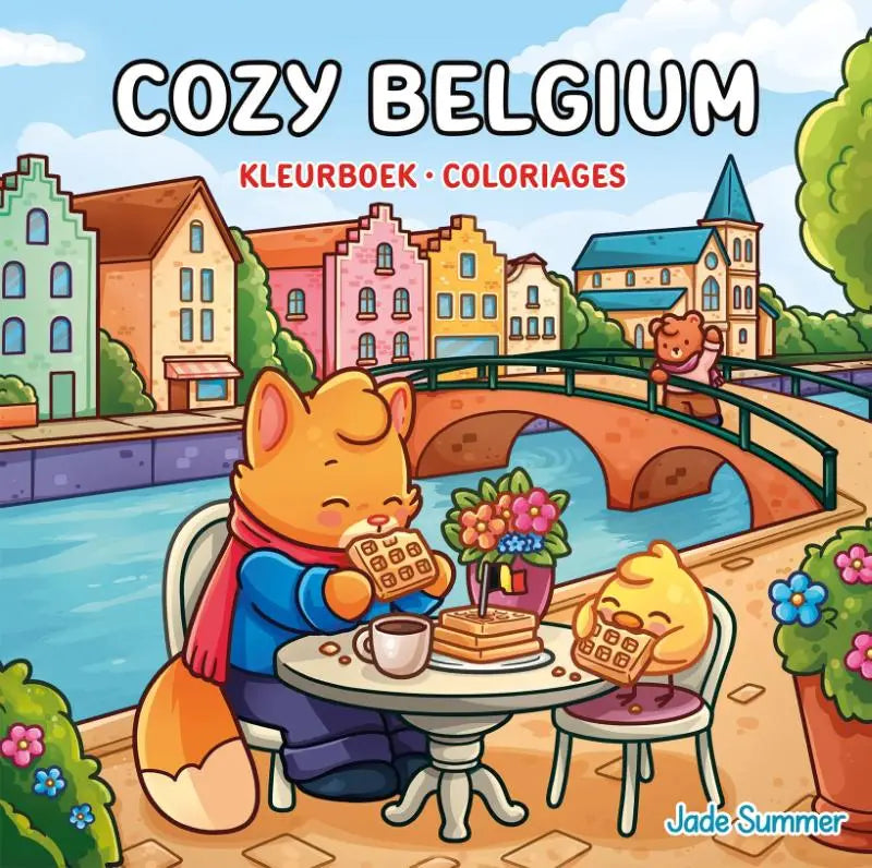 Cozy belgium jade summer kleurboek met cartoon vos en kuiken genietend van wafels bij kanaal en kleurrijke gebouwen