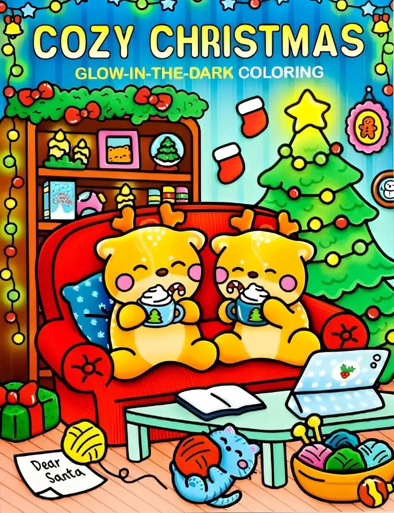 Cozy christmas glow-in-the-dark coloring boek met gele beren die warme cacao drinken op een rode bank met kerstdecoraties