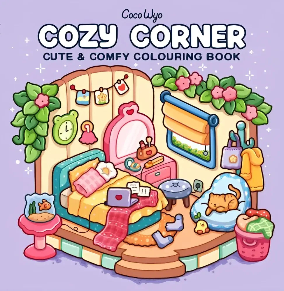 Cozy corner kleurboek van coco wyo toont een schattige pastel slaapkamer met zachte meubels en schattige dieren voor jonge lezers