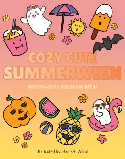 Cozy cute summerween colouring book with playful halloween-themed illustrations in vibrant pink orange and yellow tones
