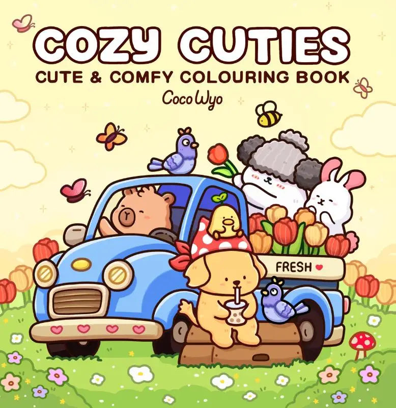 Cozy cuties kleurboek van coco wyo met schattige cartoon dieren in een blauwe vintage truck voor jonge lezers