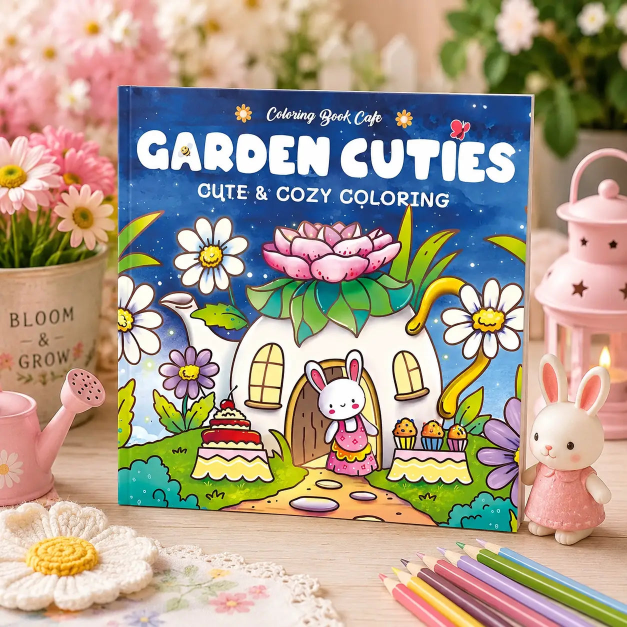 Vibrant blauw garden cuties kleurboek met kawaii dieren en een wit konijnenhuis voor ontspannen kleuren in cozy colouring stijl
