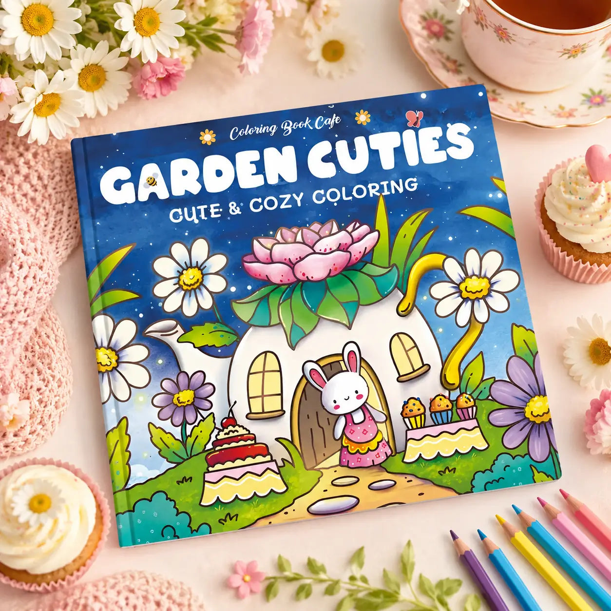 Een levendig blauw garden cuties kleurboek met een kawaii dieren illustratie van een konijn voor een bloemhuis