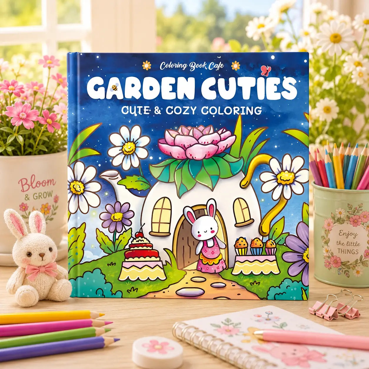 Een blauw hardcover kleurboek garden cuties met een kawaii dieren thema voor ontspannend kleuren in cozy colouring stijl