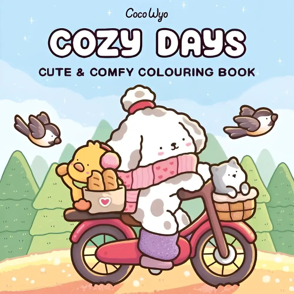 Cozy days kleurboek door coco wyo met een fluffy witte hond op een rode fiets en een mand vol dieren voor jonge lezers