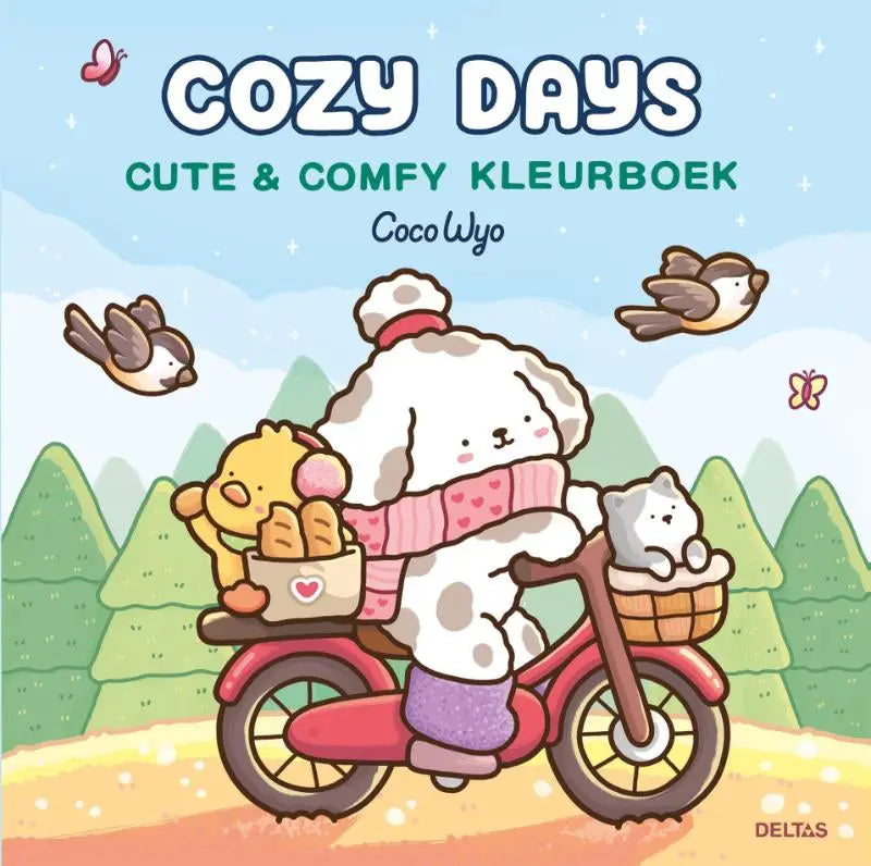 Cozy days cute & comfy kleurboek coco wyo toont een witte pluche hond met roze sjaal op een rode fiets in een fantasierijk landschap